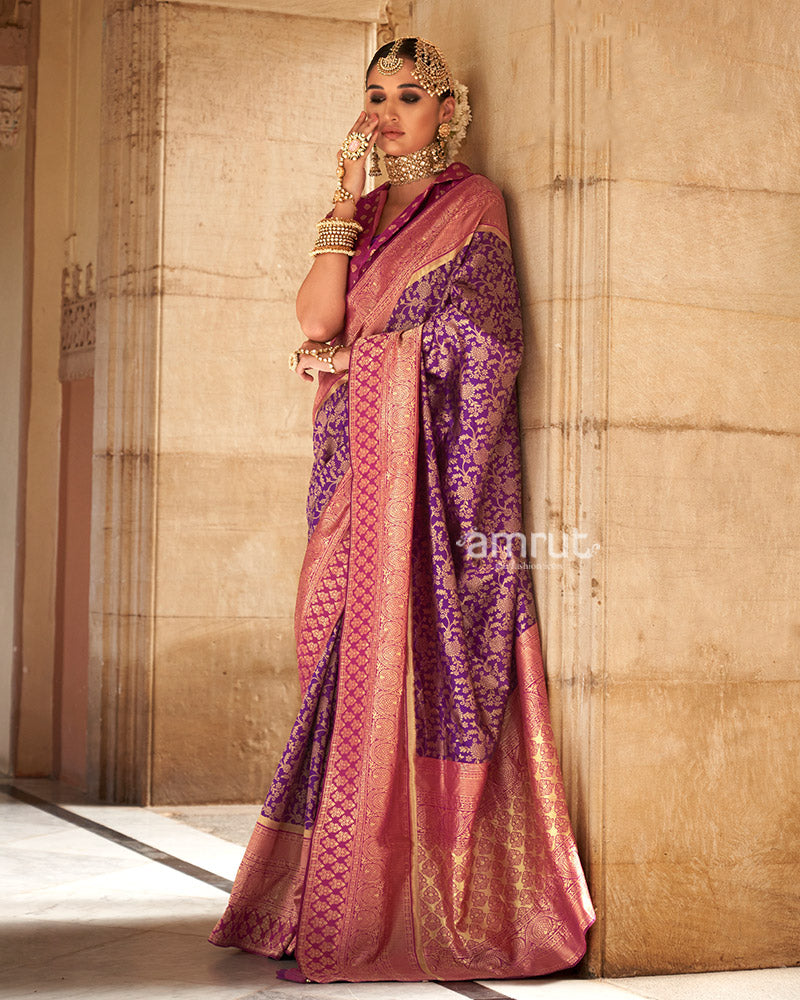 Purple Gold-Toned Ethnic Motifs Design Zari Silk Saree with Unstitched Blouse