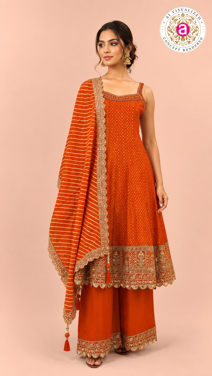 Orange Gotta Patti Work Kurta Palazzo Set with Leheriya Dupatta