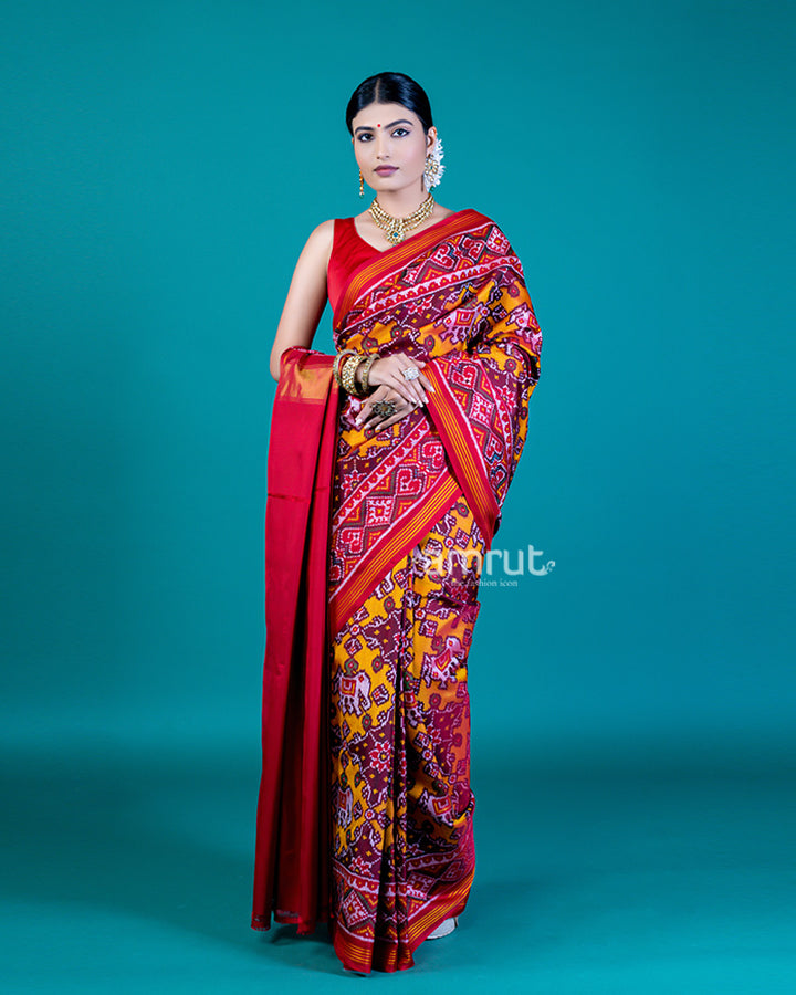 Mustard Yellow Patola Print Silk Saree with Red Contrast and Unstitched Blouse