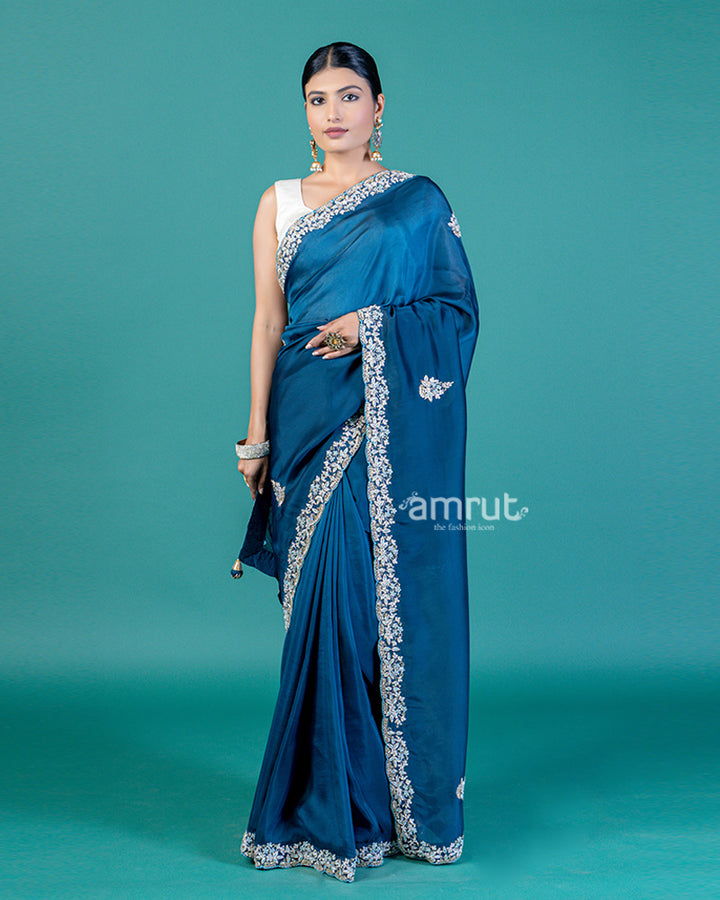 Blue Satin Chinon Saree with Embroidered Detailing and Unstitched Blouse