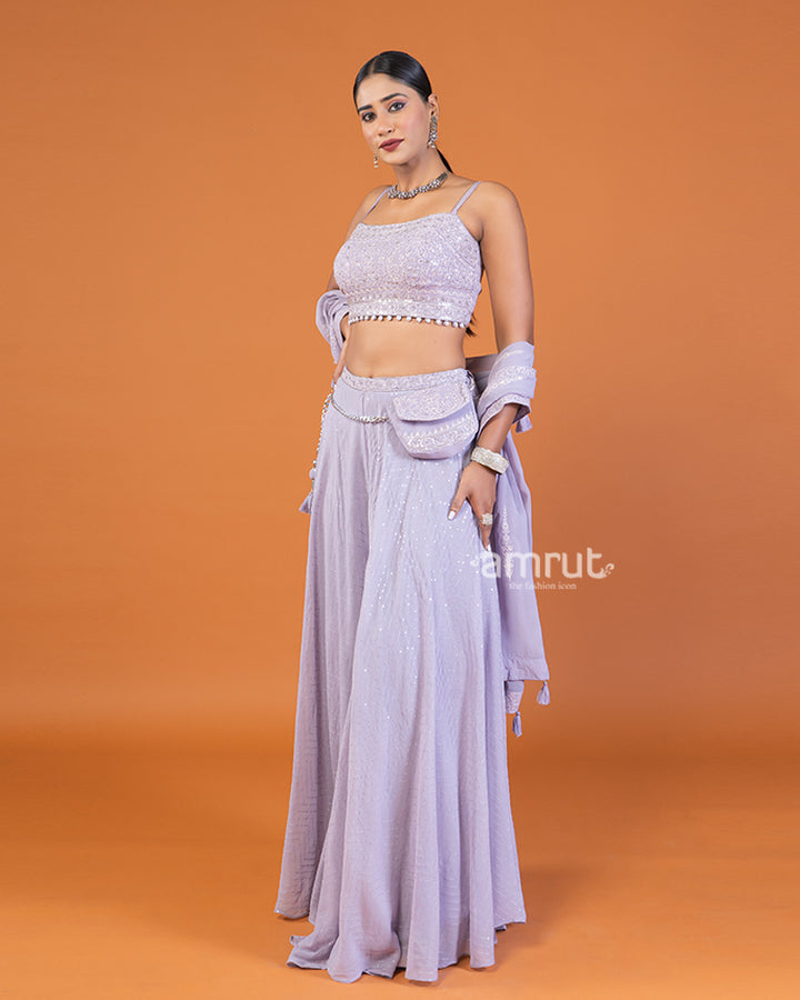 Purple Embellished Crop Top and Palazzo Set with Waistline Bag