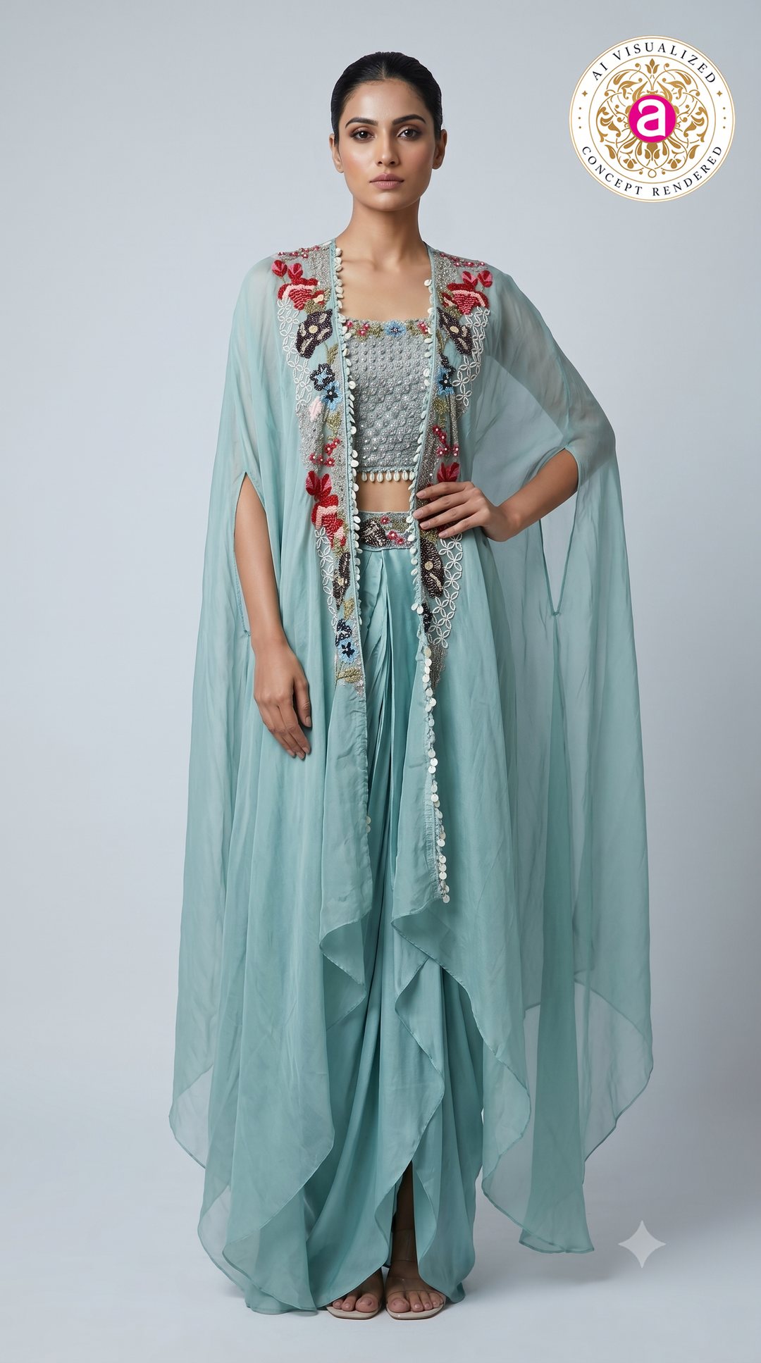 Powder Blue Embroidered Cape Style Designer Ensemble