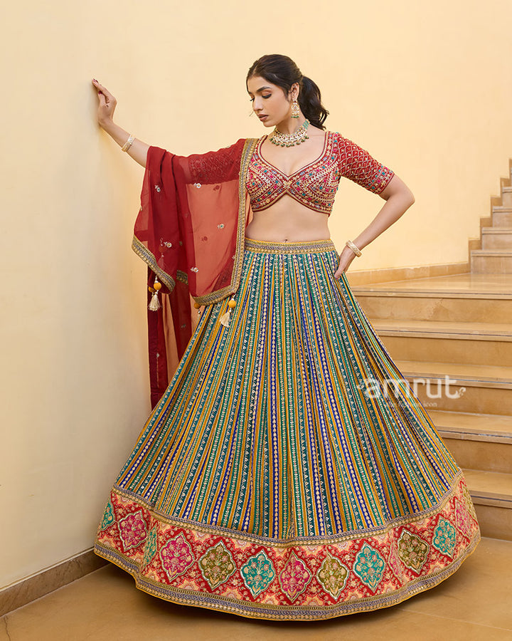 Multicolored Striped Lehenga with Embroidered Choli and Red Dupatta