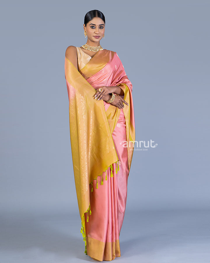 Rose Pink and Yellow Golden Zari embellished Silk Saree with Unstitched Blouse