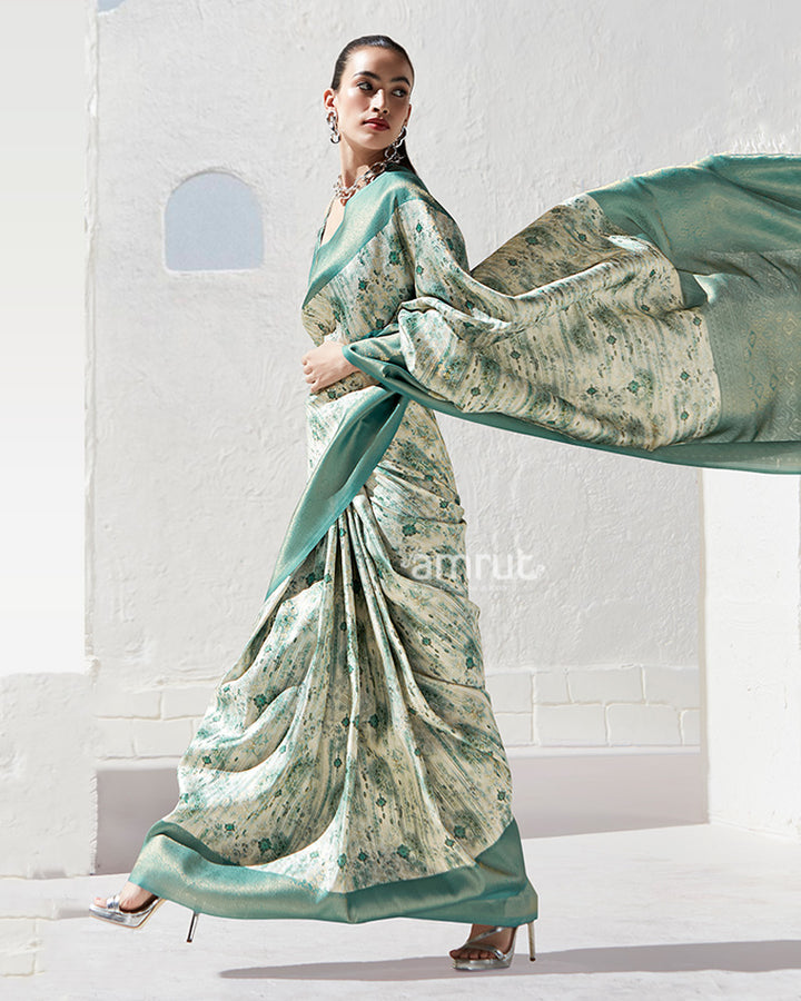 Teal Floral-Print Cream Silk Saree with Unstitched Blouse