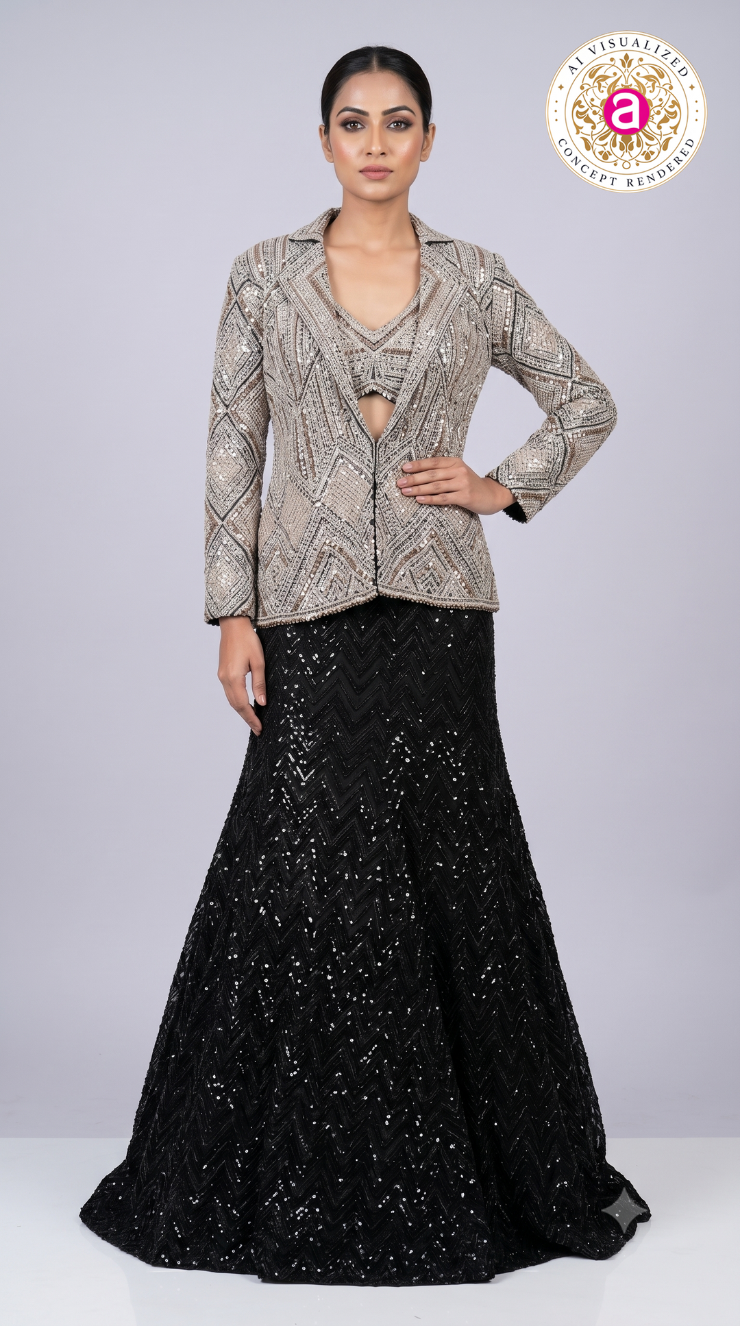 Silver Embellished Structured Jacket with Black Sequin Mermaid Skirt Set