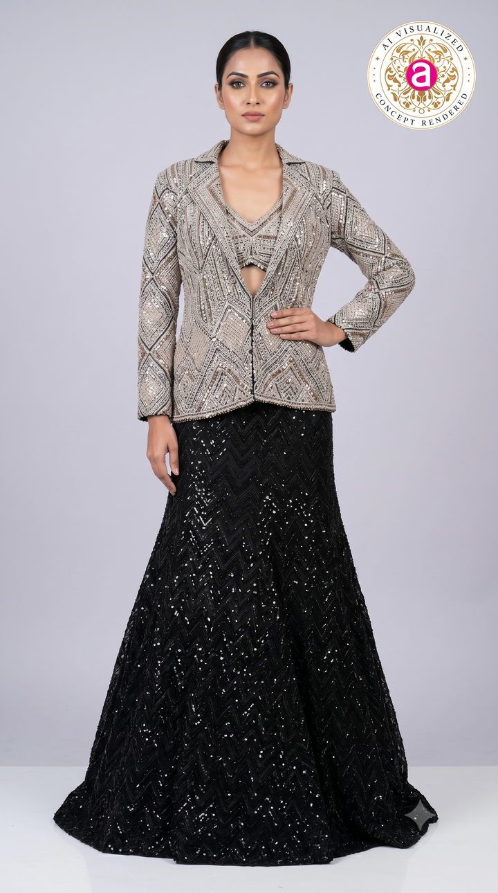Silver Embellished Structured Jacket with Black Sequin Mermaid Skirt Set