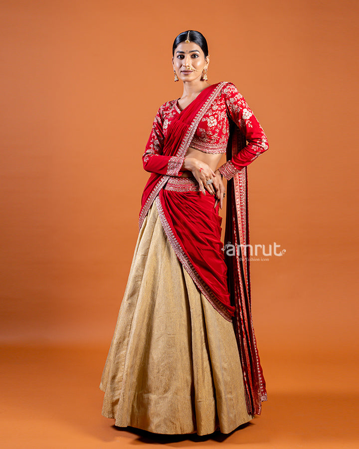 Golden Lehenga with Red Embellished Choli and Draped Dupatta