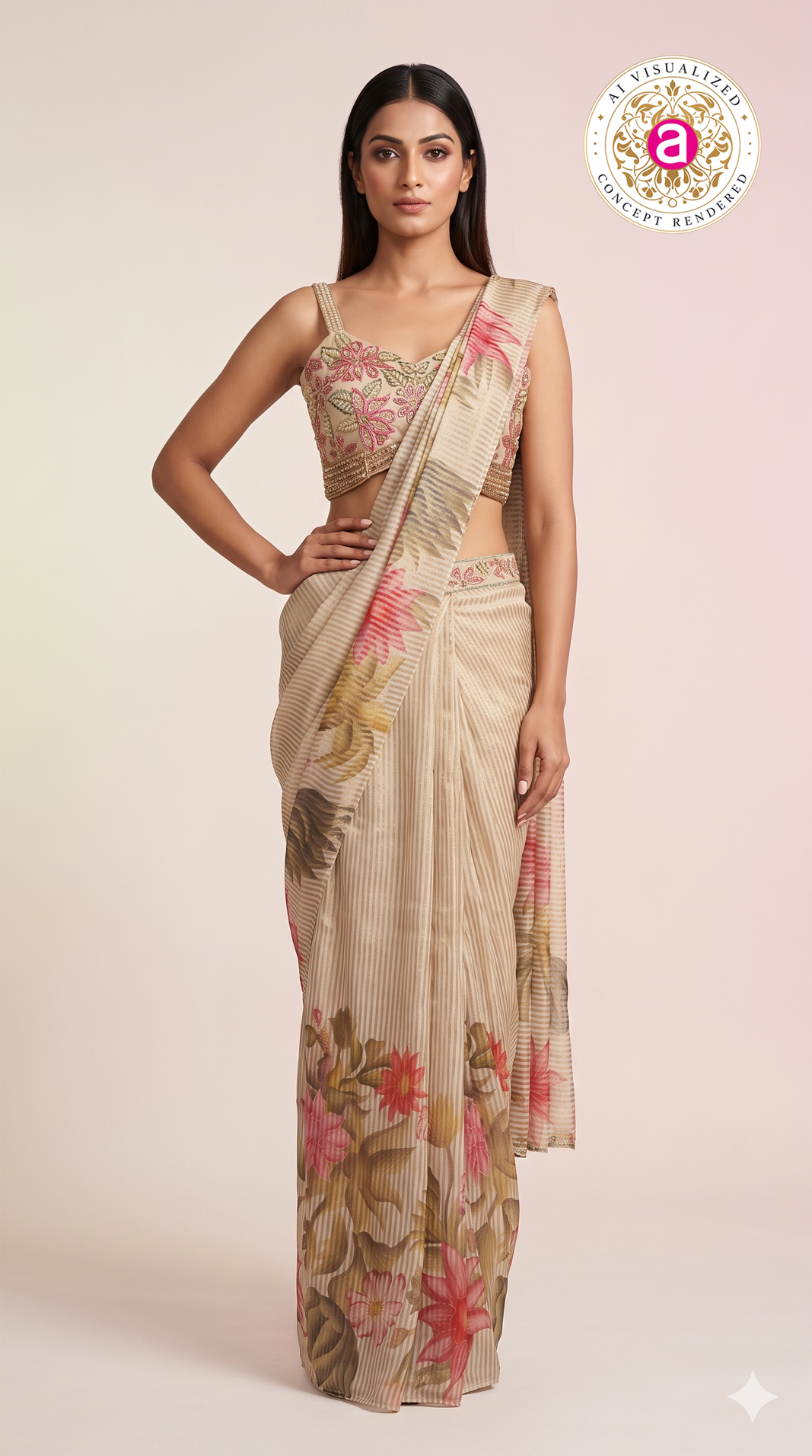 Beige Floral Ready-to-Wear Saree with Embroidered Blouse