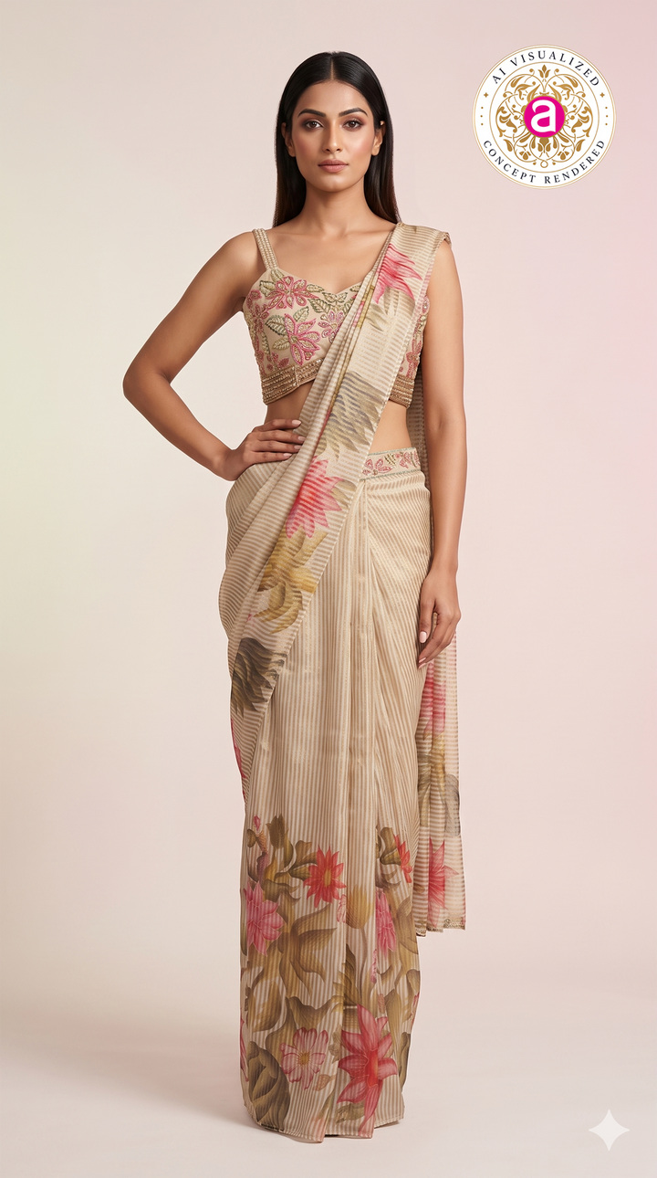 Beige Floral Ready-to-Wear Saree with Embroidered Blouse