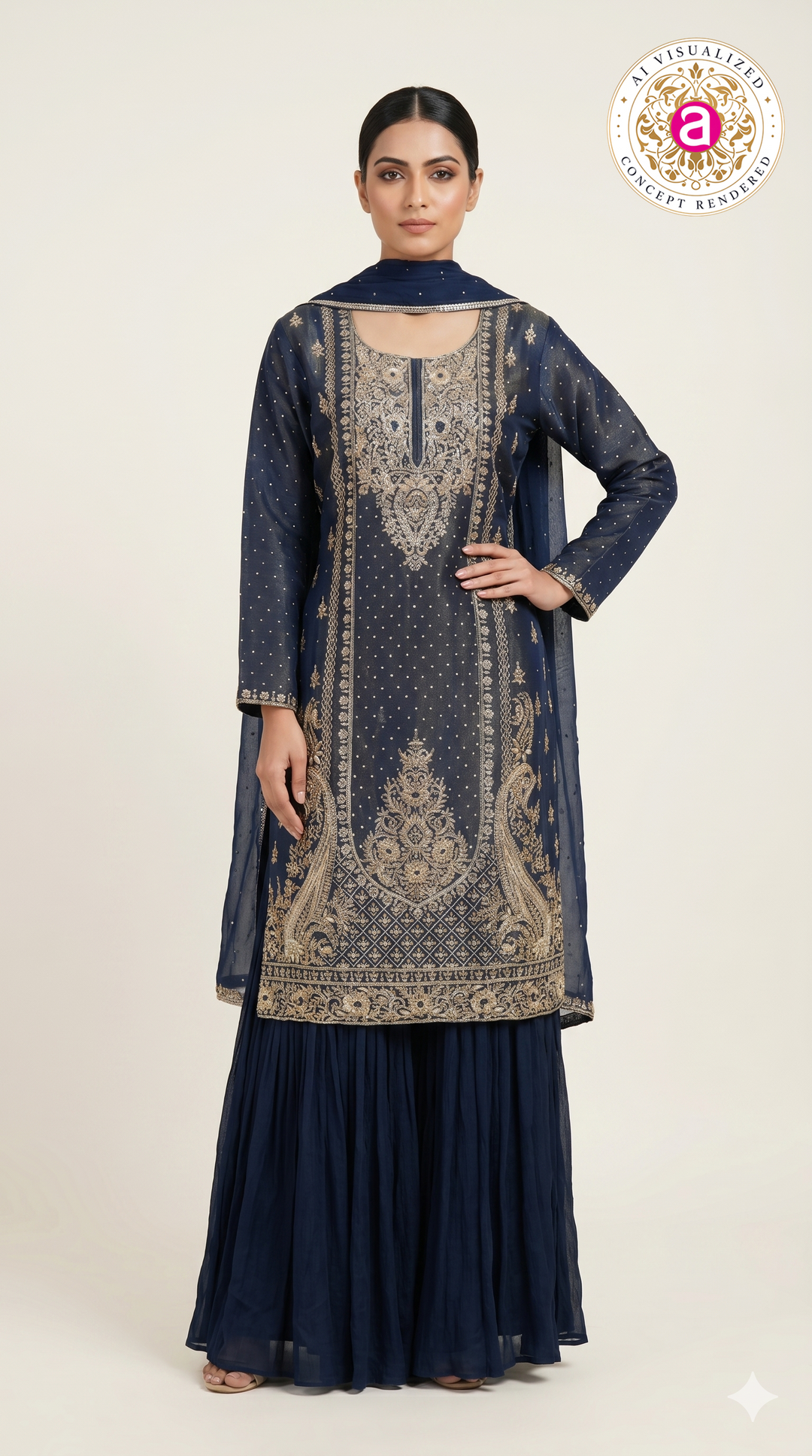 Navy Blue Heavy Embroidered Designer Kurta Sharara Set with Dupatta