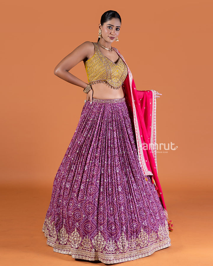 Purple Bandhani Lehenga with Yellow Choli and Pink Dupatta Set