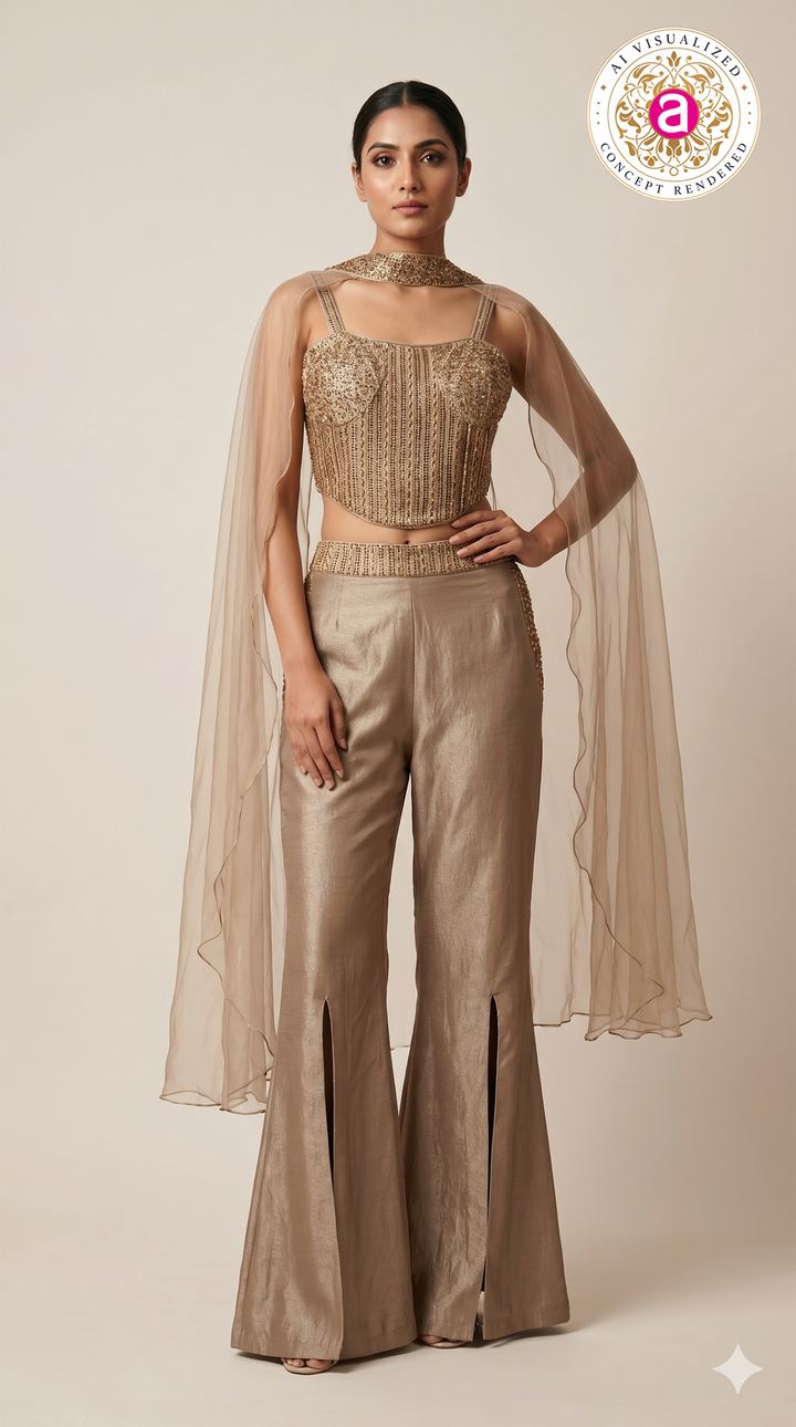Champagne Gold Embellished Co-Ord Set with Cape Dupatta