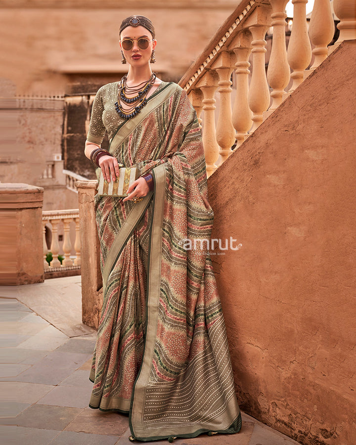 Olive Green Zari weaving Silk Saree with Unstitched Blouse