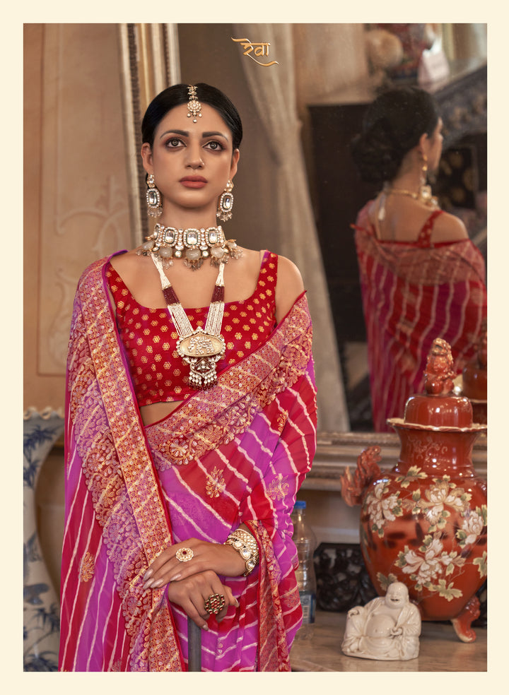 Royal Queen Pink Orange Leheriya Pattern Georgette Designer Saree