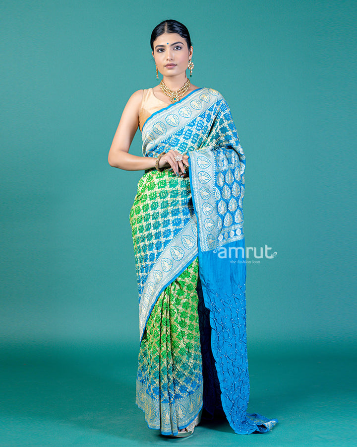 Blue Green Banarasi Bandhani Khaddi Georgette Saree with unstitched blouse