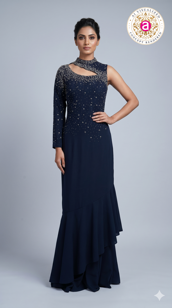 Midnight Navy Embellished One-Shoulder Designer Indo Western