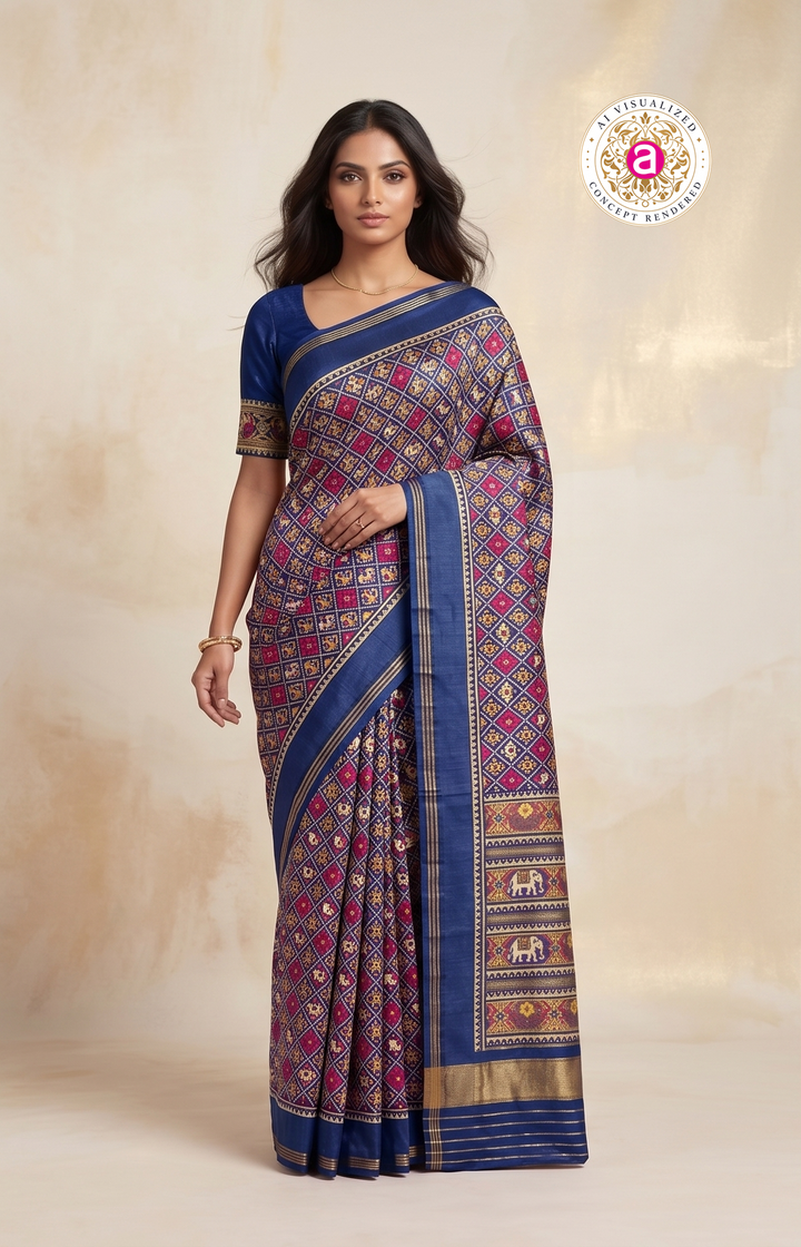 Patola Weaving Silk Saree with Traditional Ikat Diamond Weave & Rich Zari Border