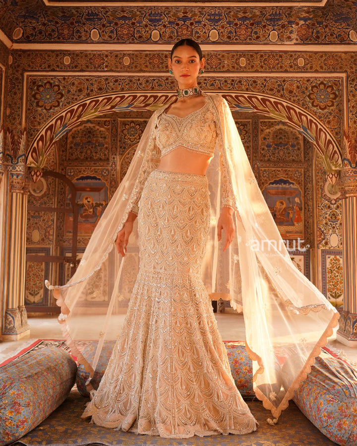 Cream Golden Embellished Mermaid  Style Lehenga Choli and Dupatta