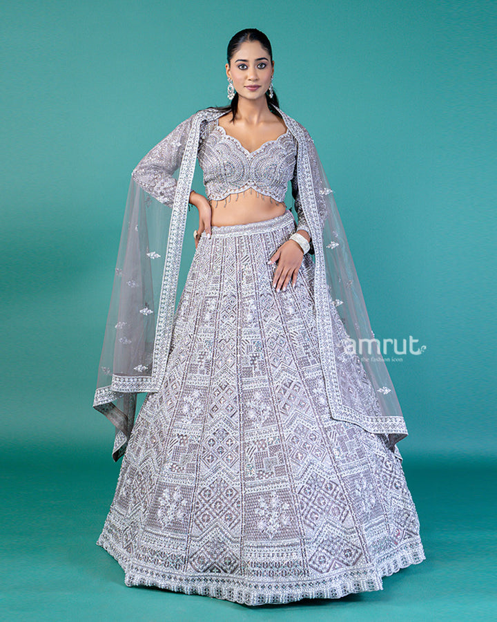 Slate Grey Sequin-Embroidered Lehenga Choli with Net Dupatta