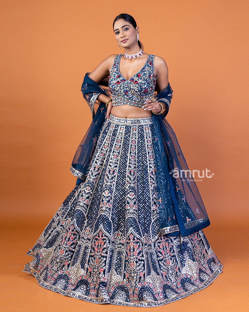 Navy Blue Embroidered Embellished Lehenga Choli Set with Dupatta