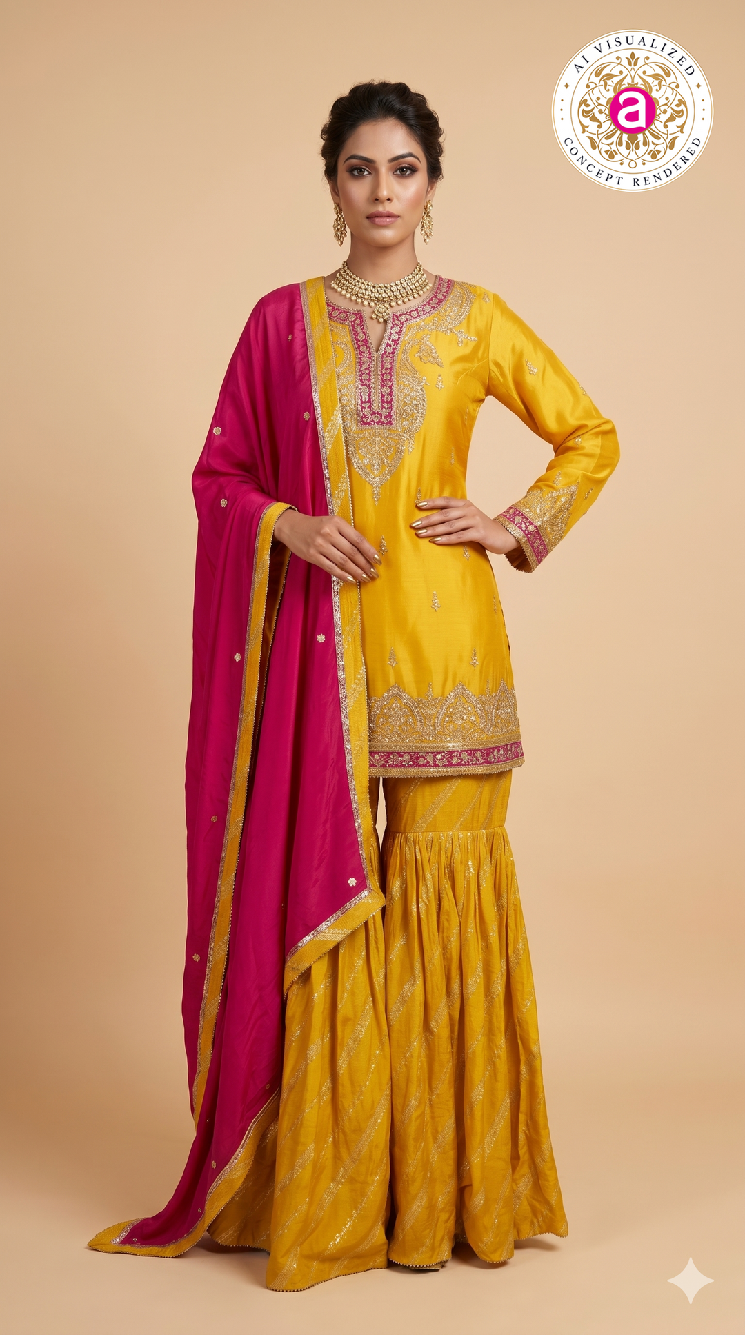Mustard Yellow Embroidered Sharara Suit Set with Rani Pink Dupatta