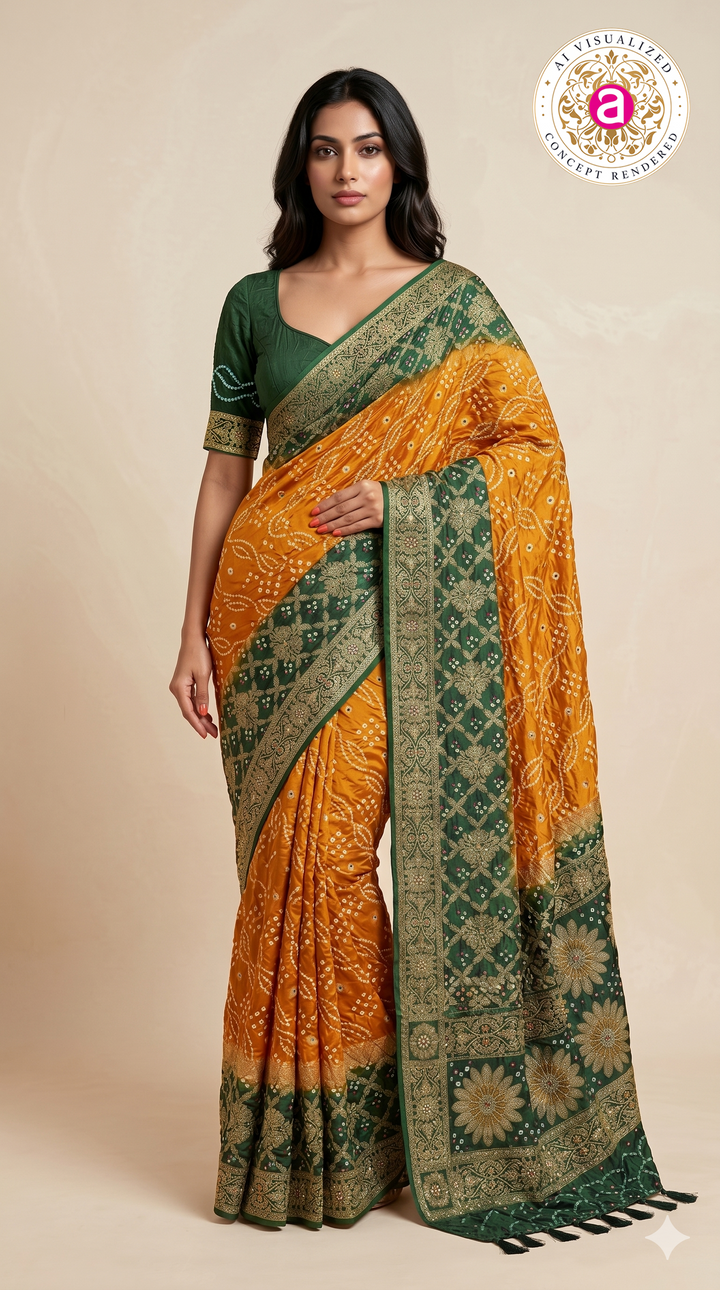 Mustard Yellow & Forest Green Bandhani Silk Saree with Zari Border