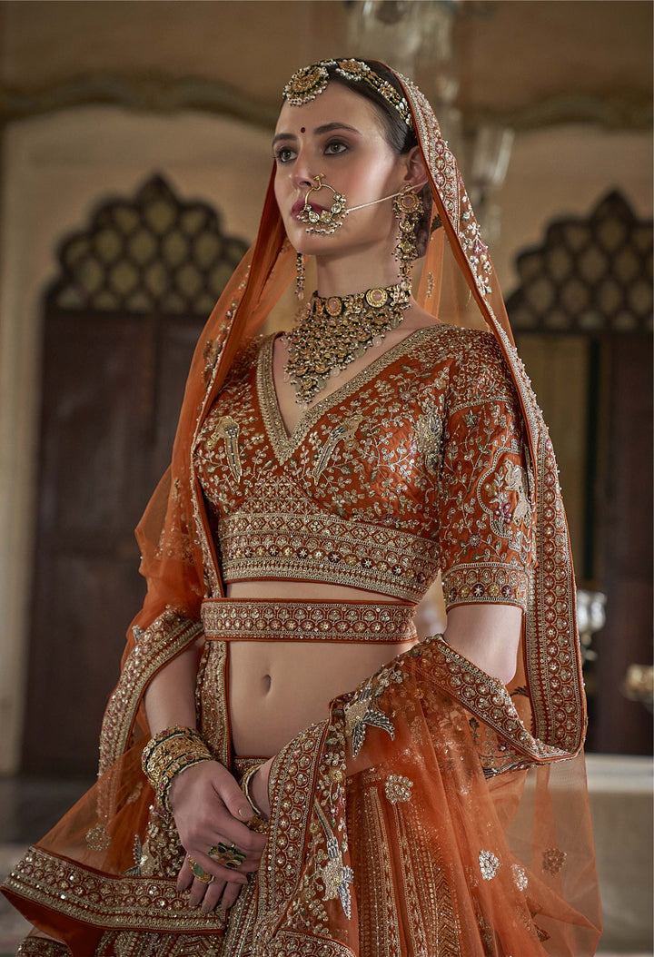 Burnt Saffron Handcrafted Bridal Lehenga with Zardozi & Elephant Motif Embroidery