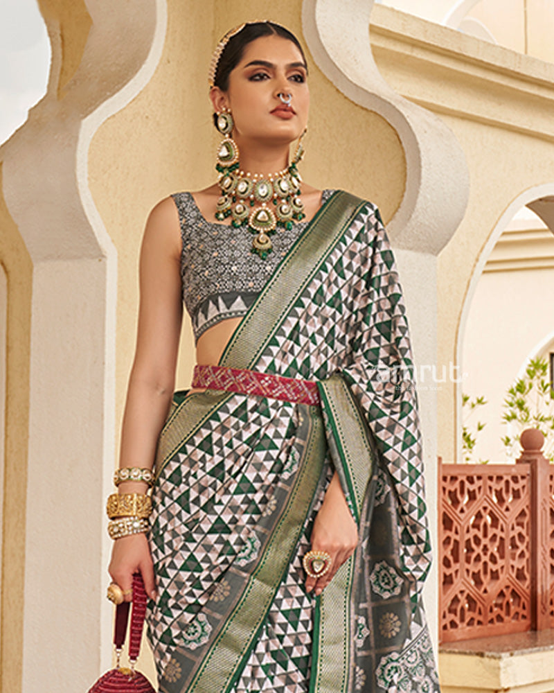 Green & White Geometric Printed Embellished Zari Border Silk Saree with Unstitched Blouse