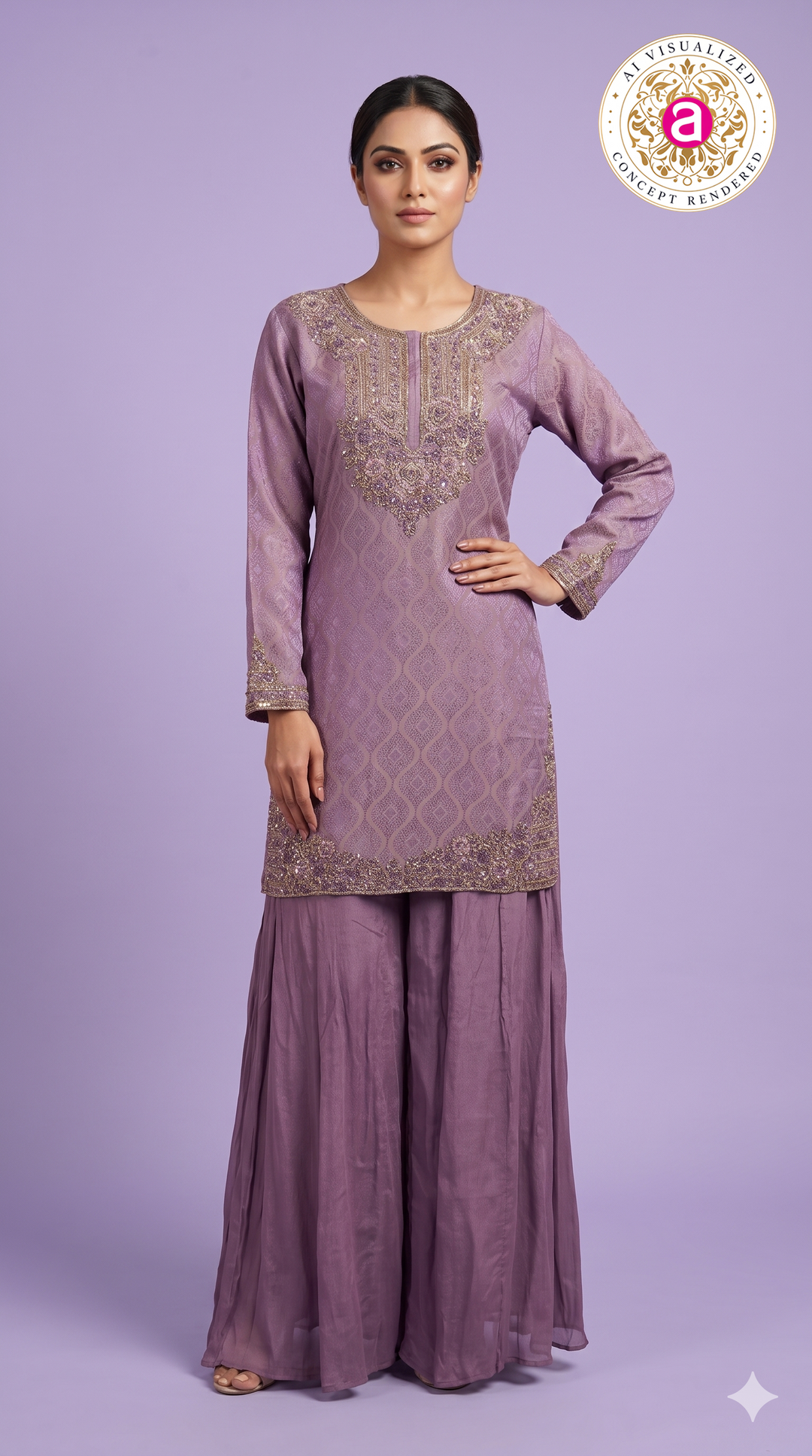 Lavender Designer Kurta Sharara Set with Embroidered Detailing