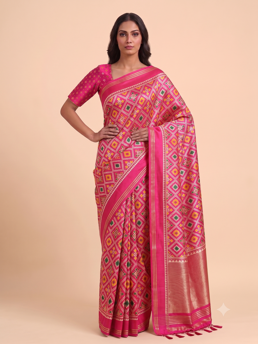 Patola Weaving Silk Saree with Traditional Geometric Ikat Design & Rich Zari Border