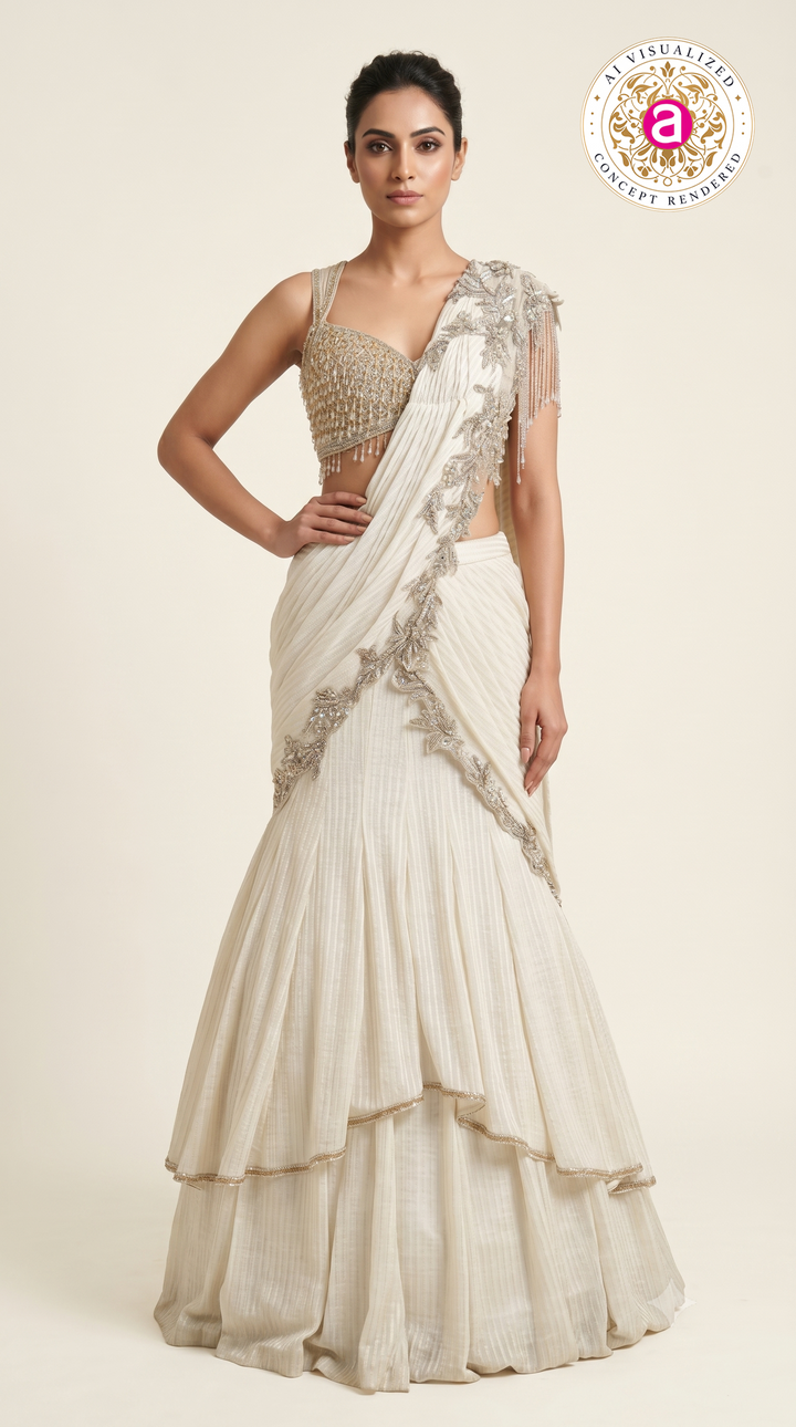 Ivory Crystal Embellished Ready-to-Wear Saree Set