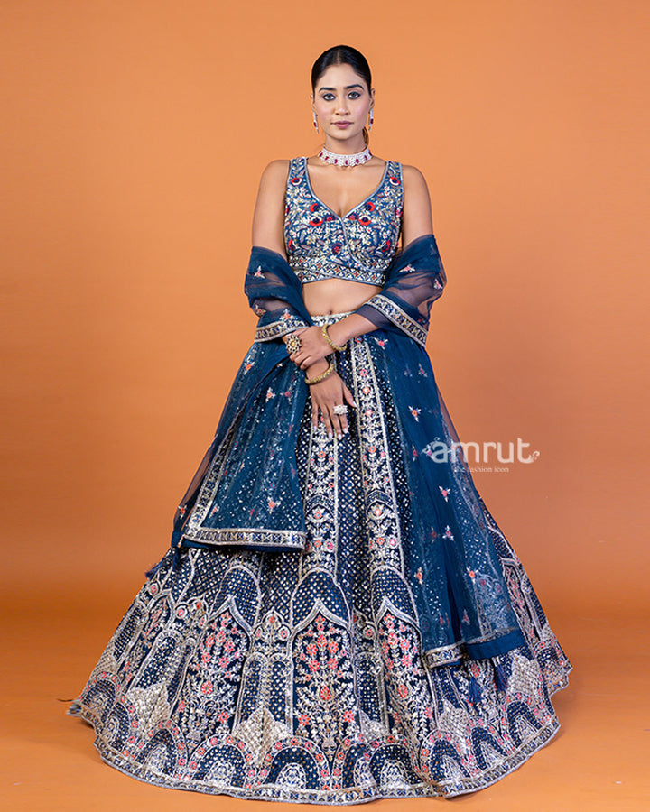 Navy Blue Embroidered Embellished Lehenga Choli Set with Dupatta