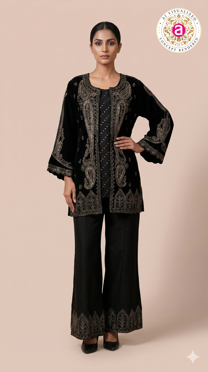 Midnight Black Embroidered Co-Ord Set with Jacket