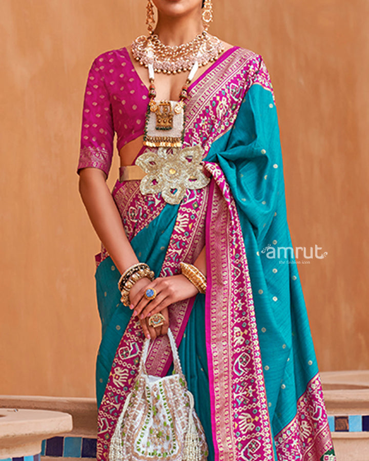 Royal Blue Zari Weaving Pink Border Saree in Patola Silk with Unstitched Blouse