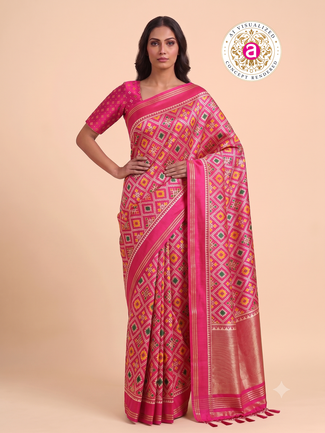 Patola Weaving Silk Saree with Traditional Geometric Ikat Design & Rich Zari Border