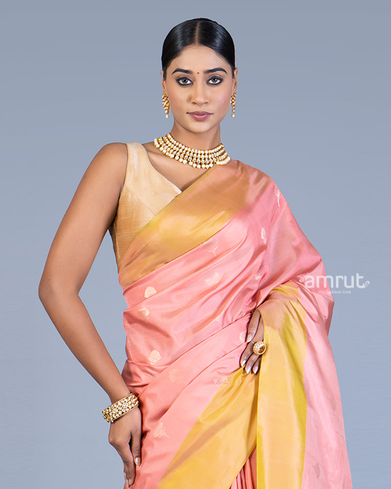 Rose Pink and Yellow Golden Zari embellished Silk Saree with Unstitched Blouse