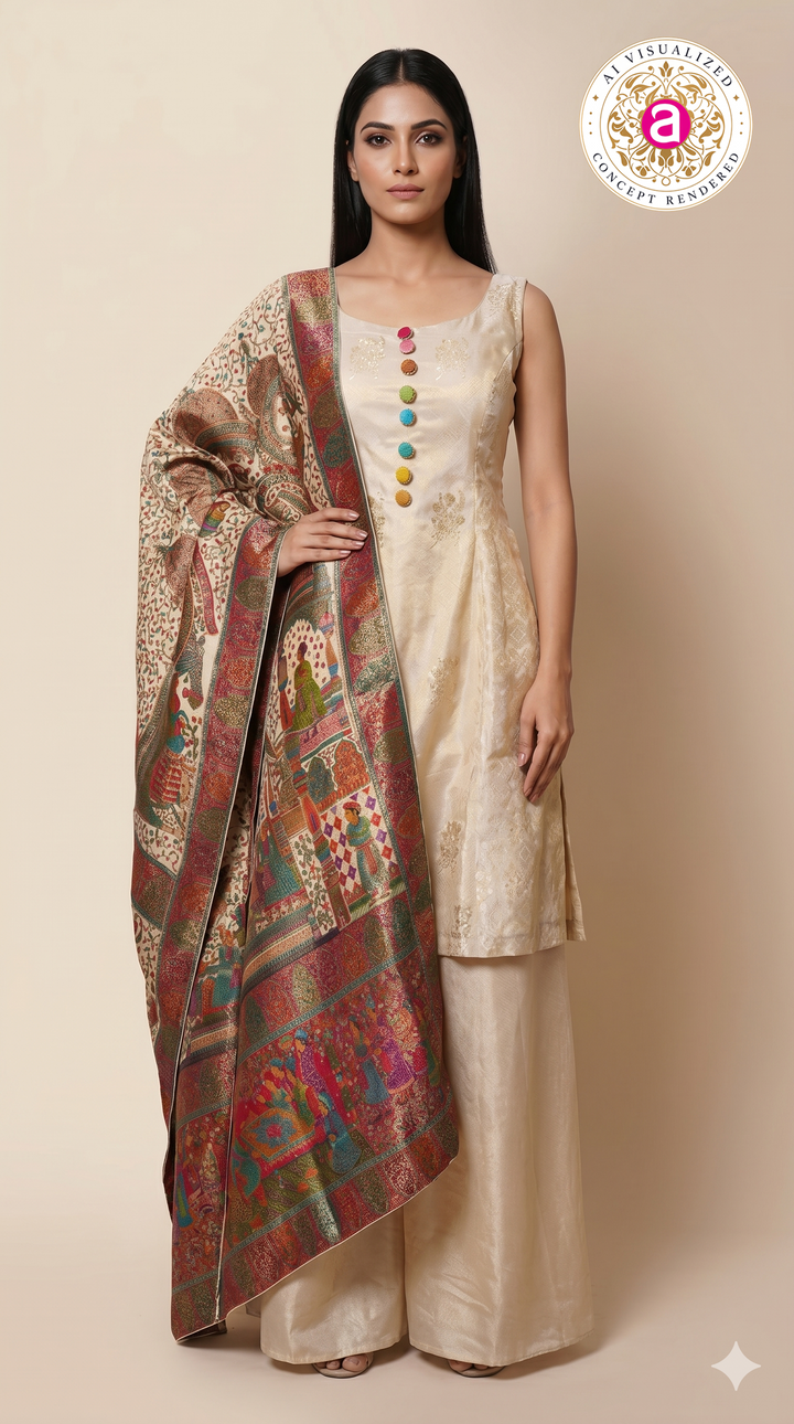 Ivory Silk Kurta Palazzo Set with Heritage Printed Dupatta
