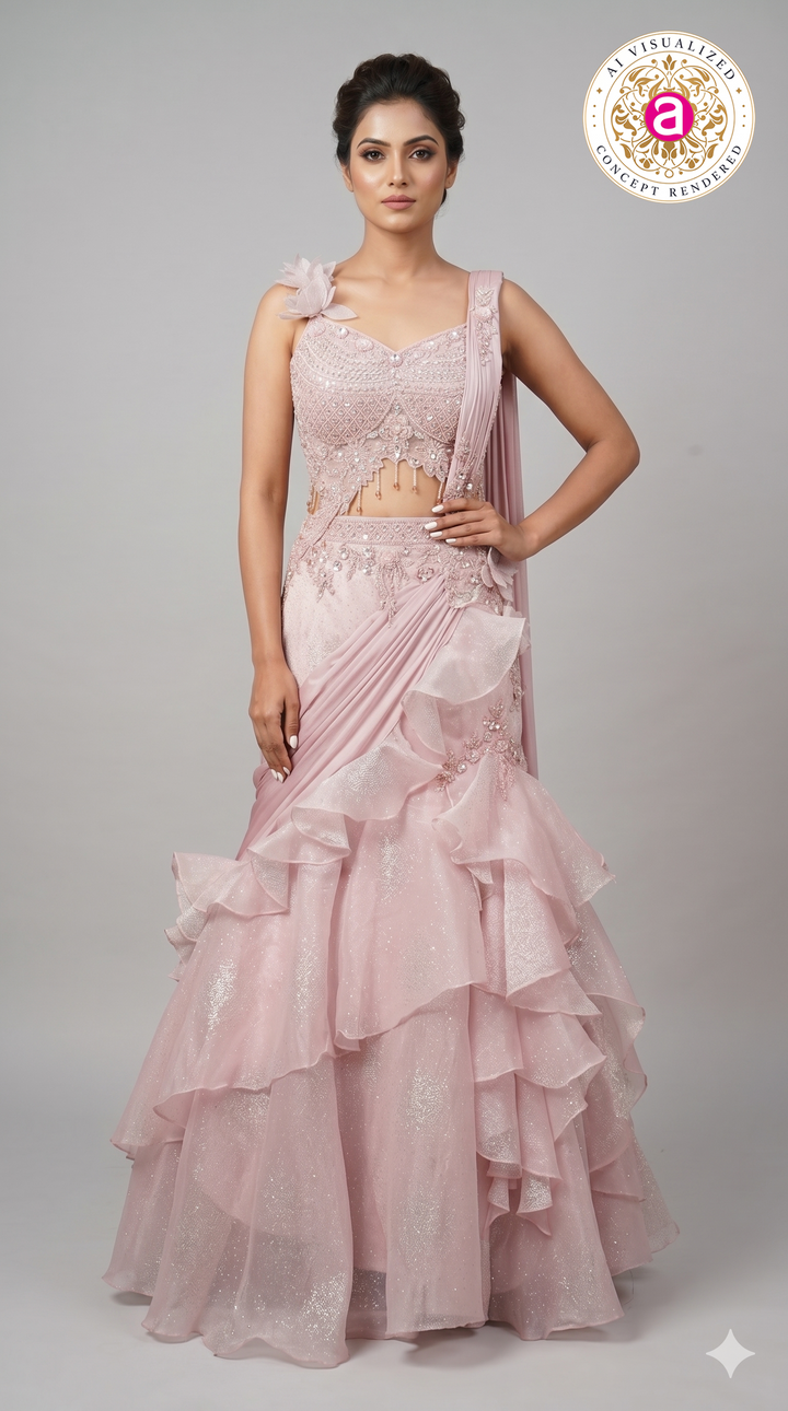 Blush Pink Embellished Ruffle Lehenga Saree with Floral Shoulder Accent