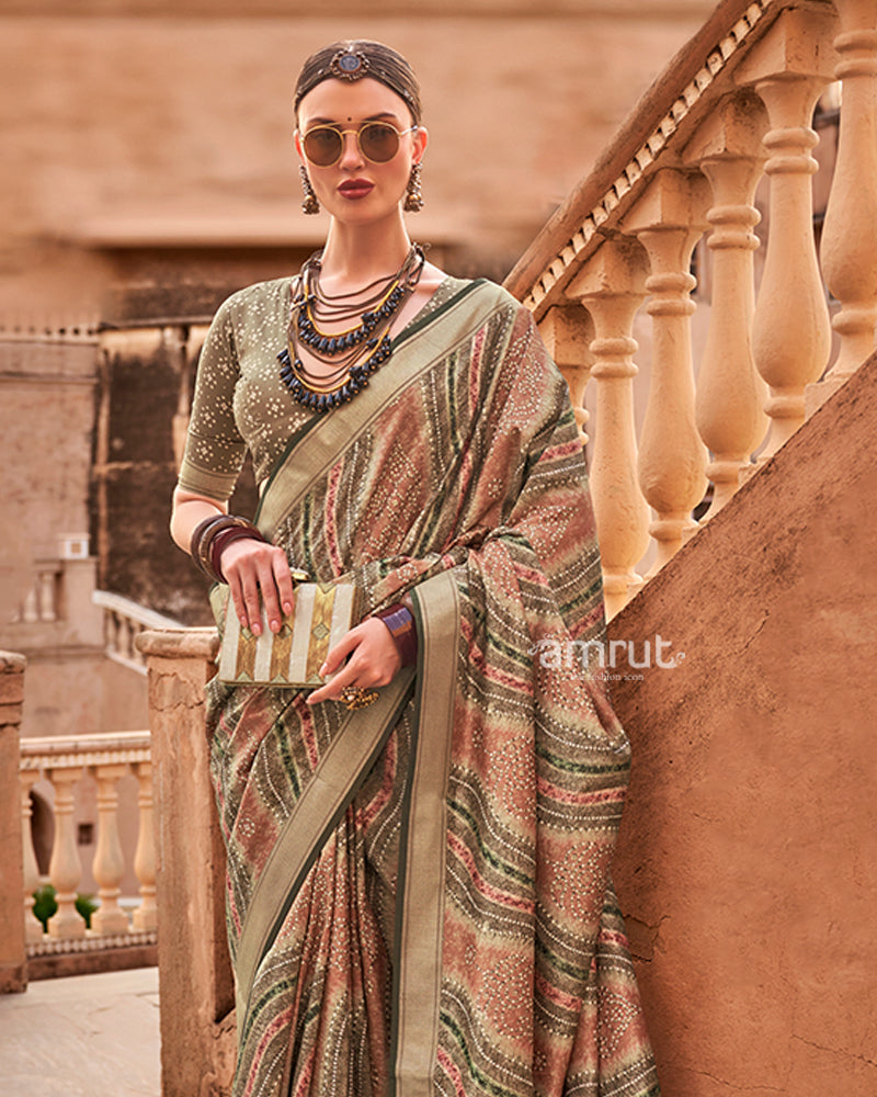 Olive Green Zari weaving Silk Saree with Unstitched Blouse