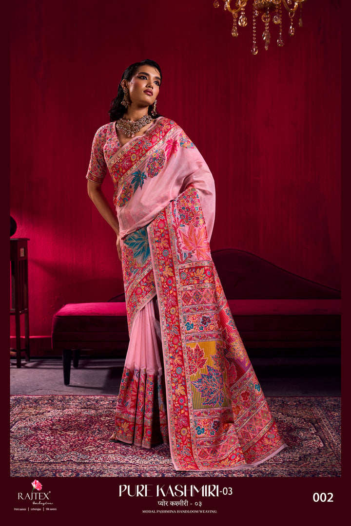 Blush Pink Kashmiri Modal Pashmina Saree with Multicolor Floral Weaving