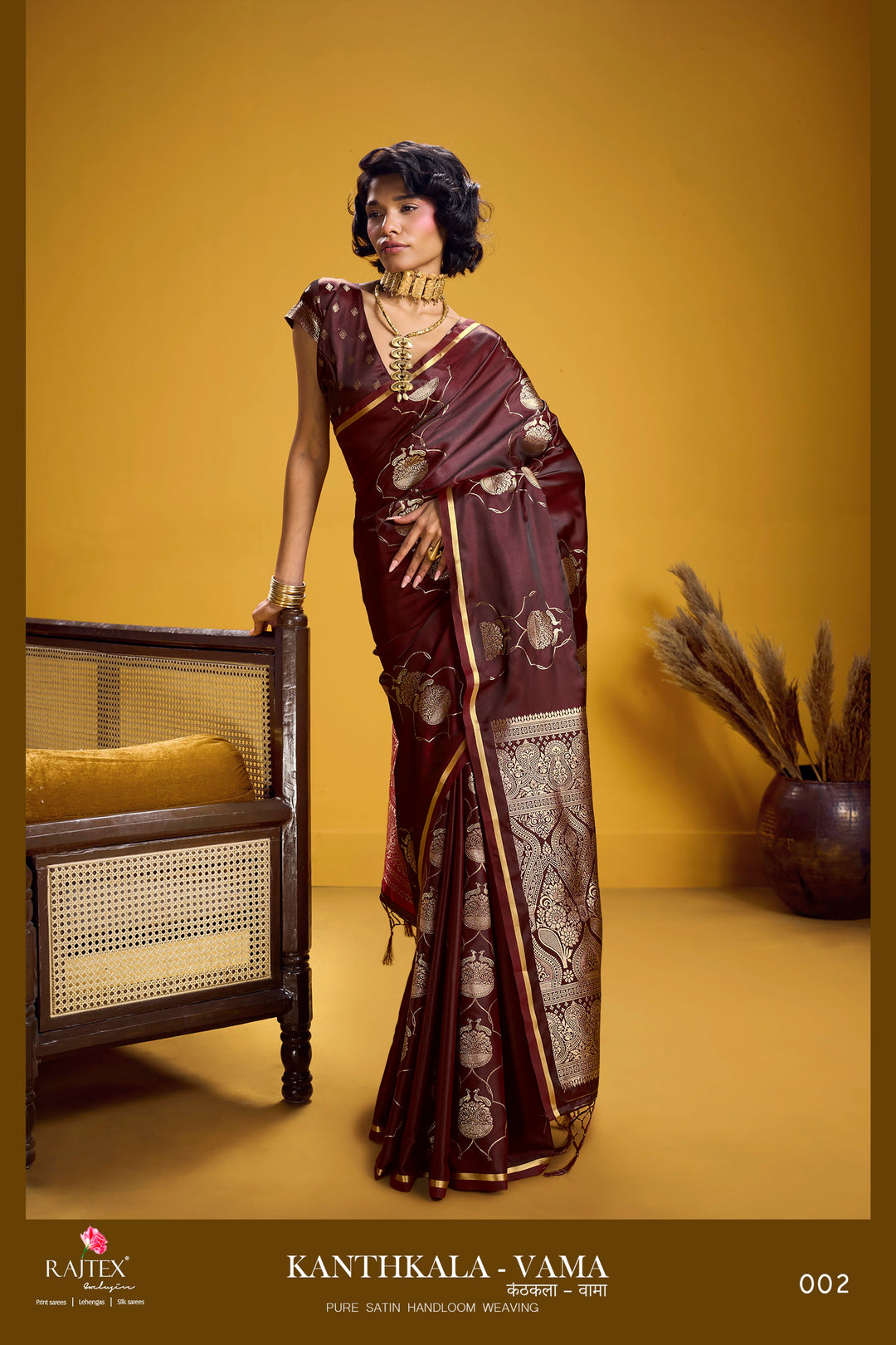 Rich Maroon Satin Handloom Saree with Gold Woven Motifs & Grand Pallu