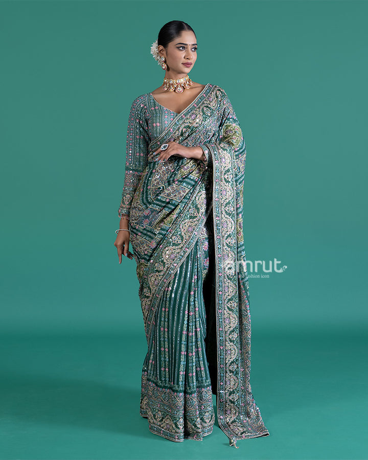 Teal Embroidered Paisley Saree with Matching Embellished Stitched Blouse