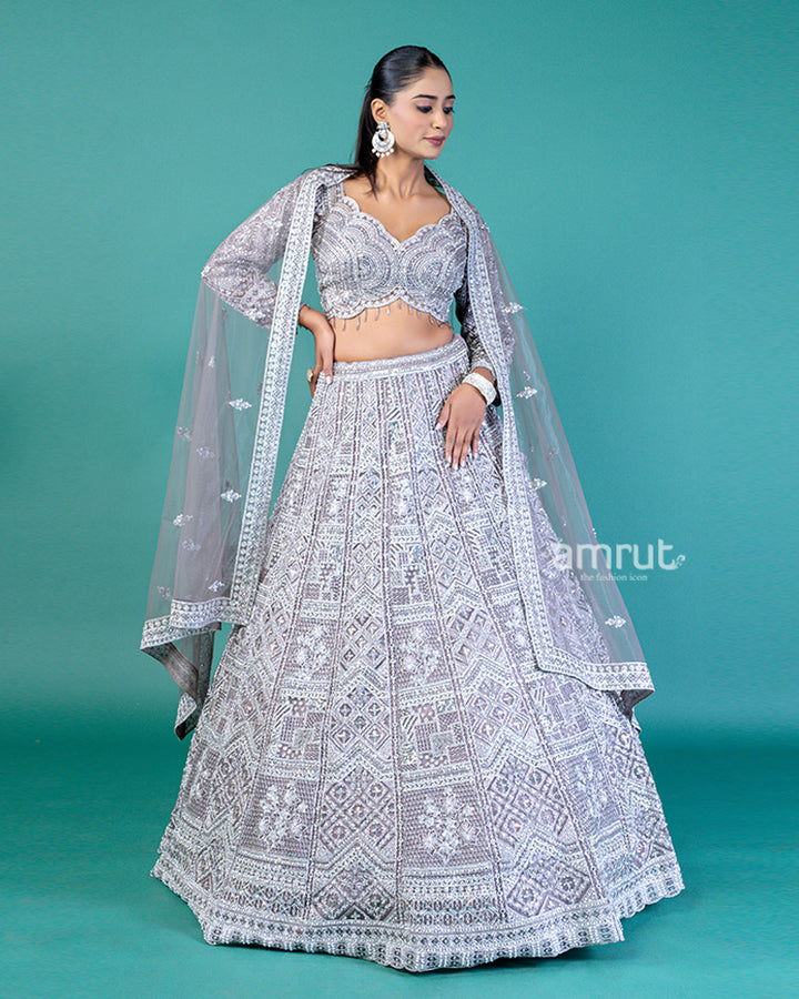 Slate Grey Sequin-Embroidered Lehenga Choli with Net Dupatta