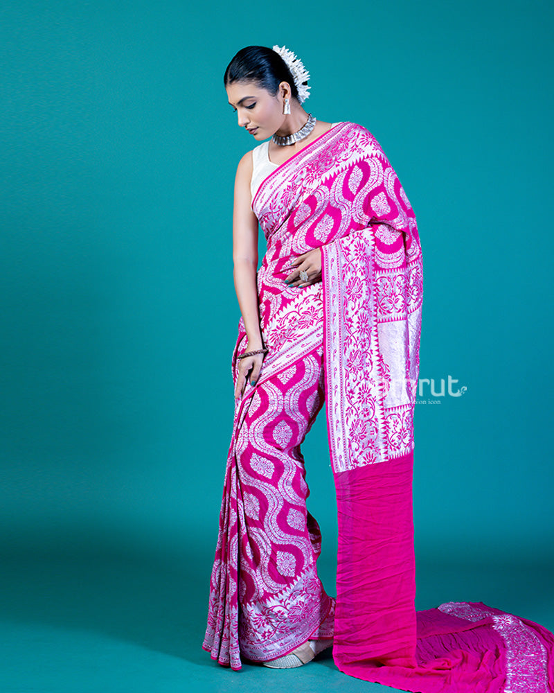 Vibrant Pink Saree with Silver Paisley Design and Unstitched Blouse