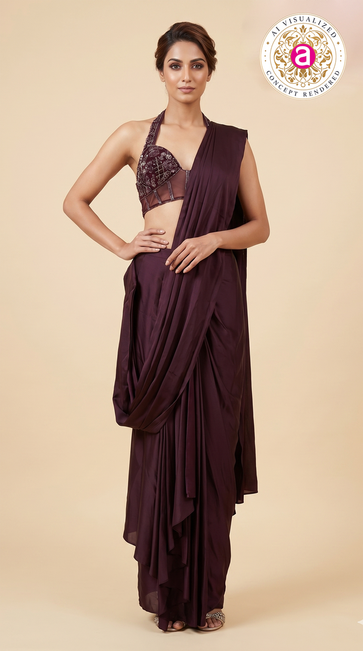 Wine Purple Ready-to-Wear Draped Saree with Embellished Halter Blouse