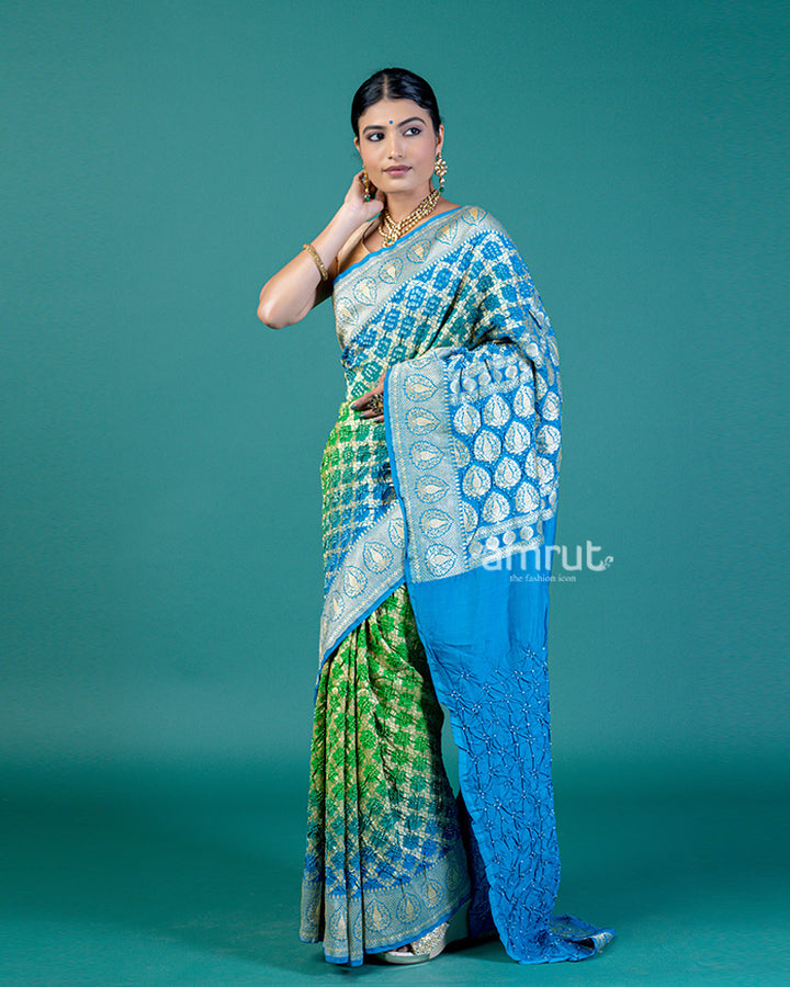 Blue Green Banarasi Bandhani Khaddi Georgette Saree with unstitched blouse