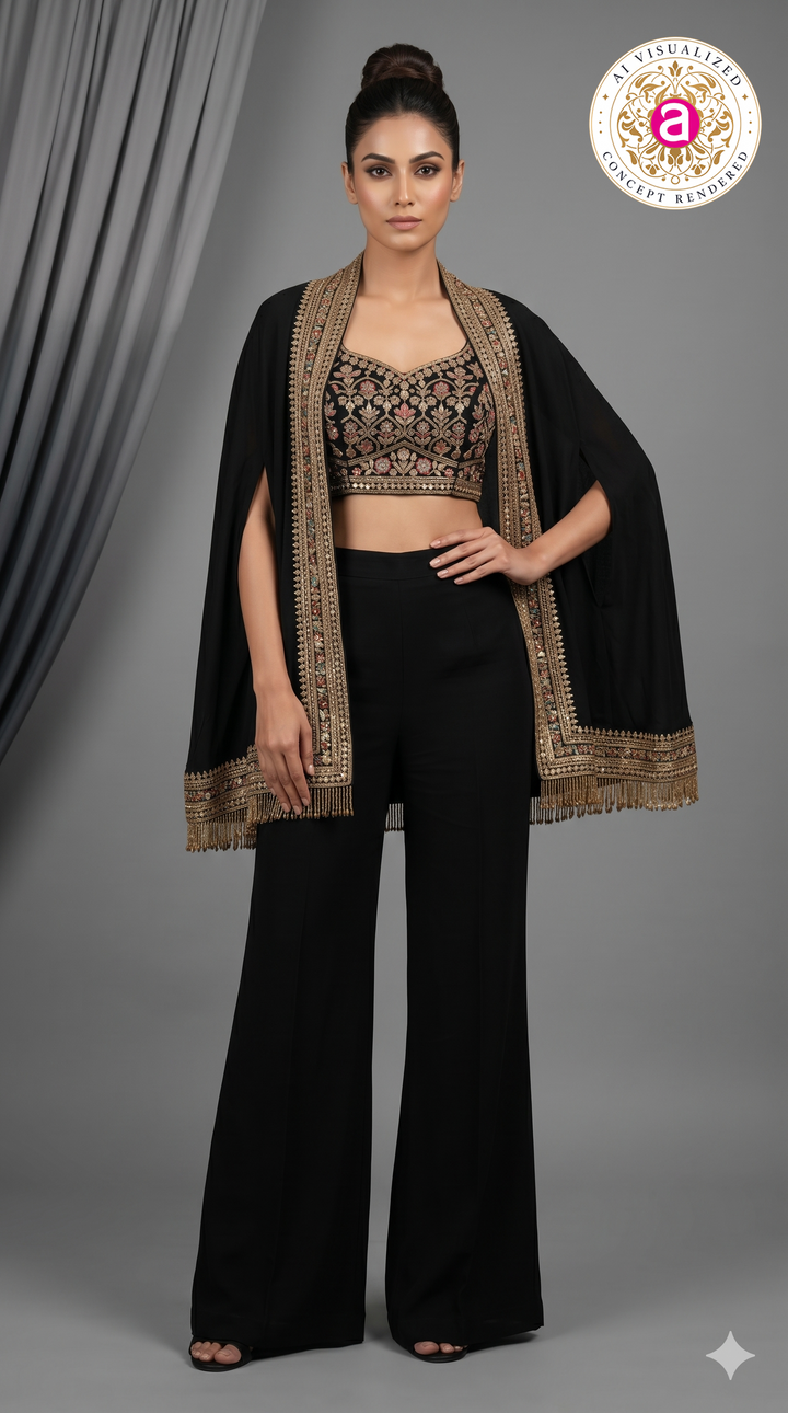 Black Embroidered Indo-Western Co-Ord Set with Cape Jacket