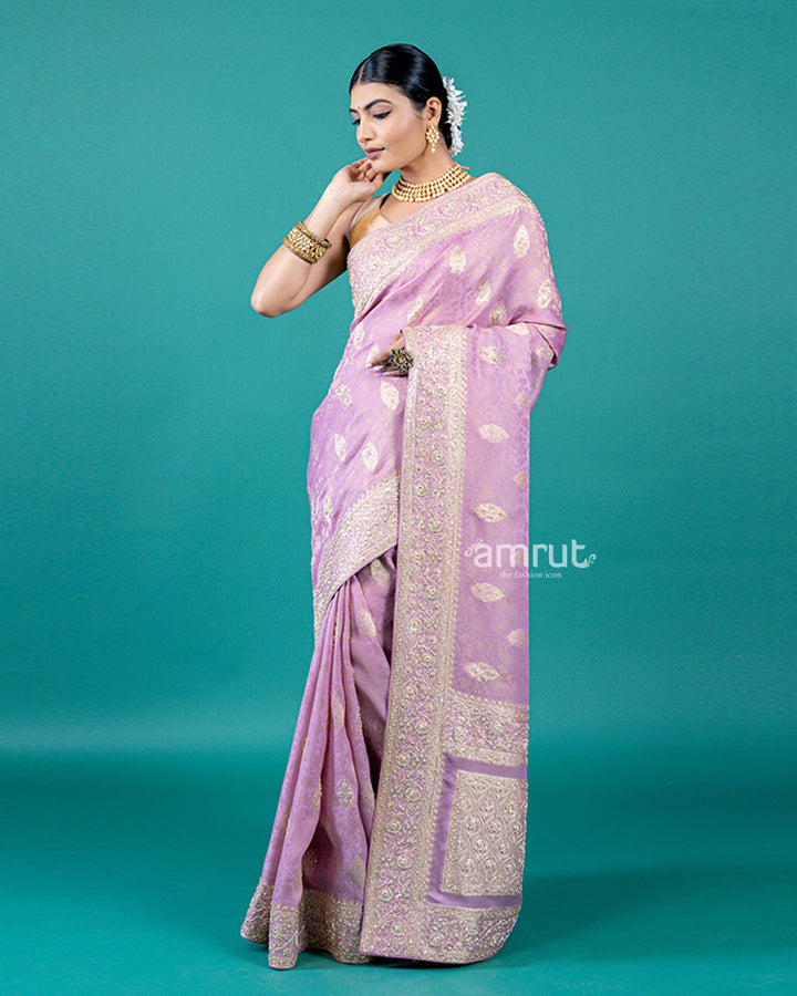 Lavender Zari embellished silk saree with unstitched blouse