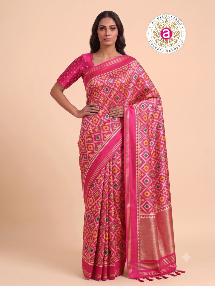 Patola Weaving Silk Saree with Traditional Geometric Ikat Design & Rich Zari Border